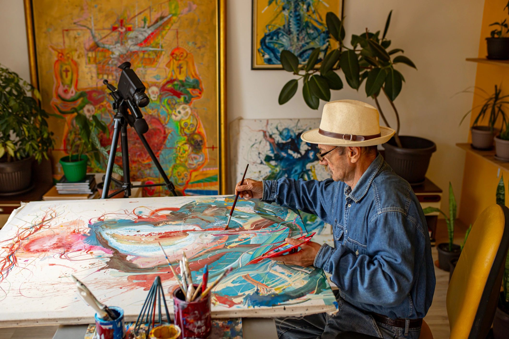 Artist painting in studio