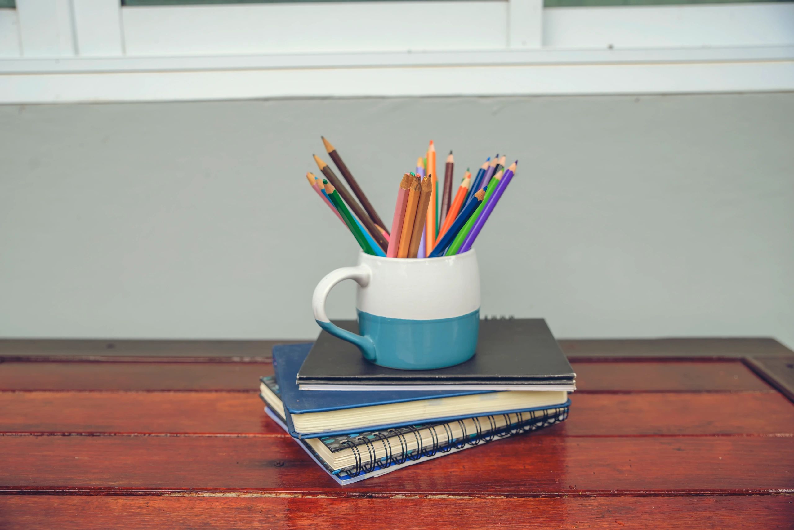 Study desk with books and notebook