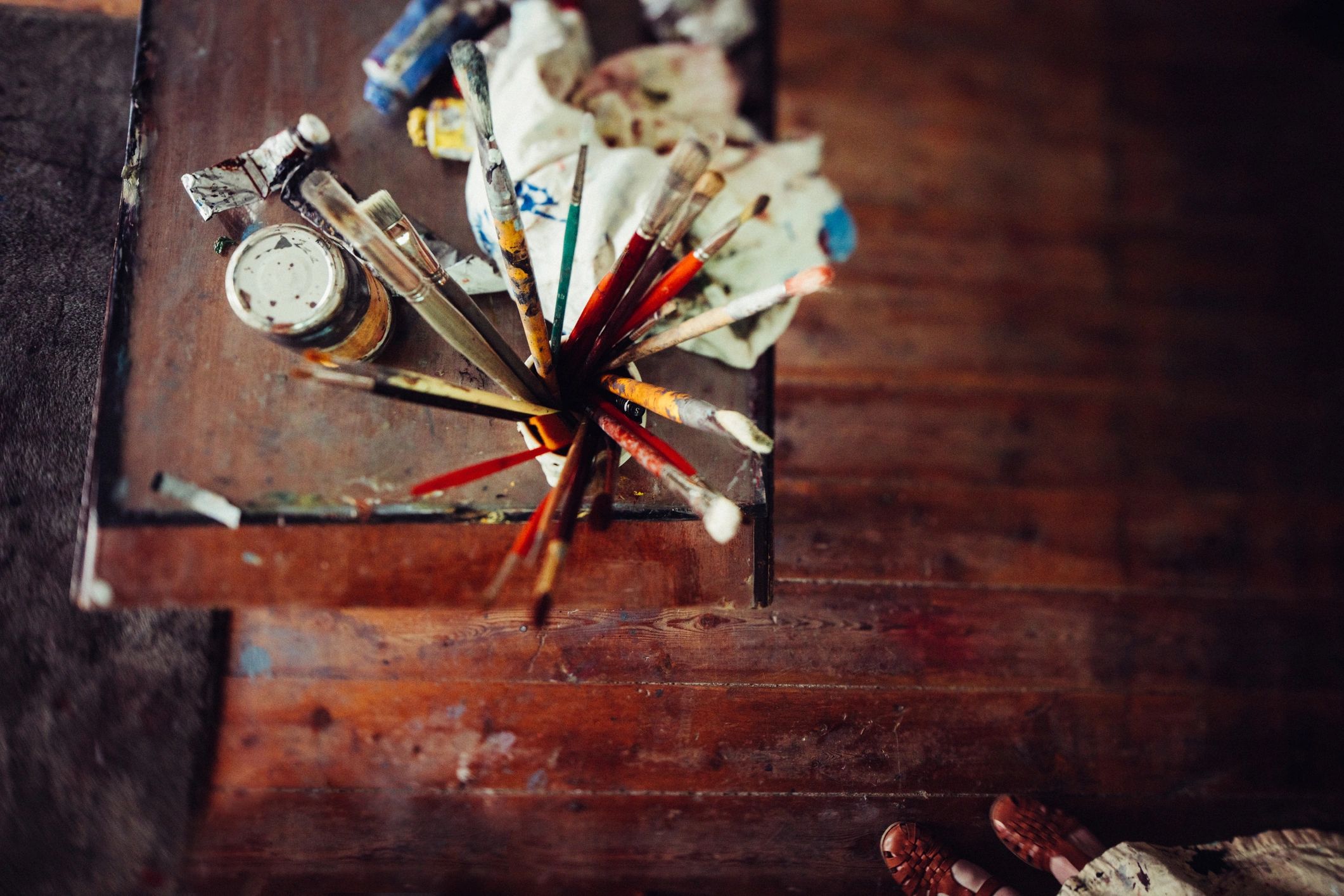 Art studio tools on table